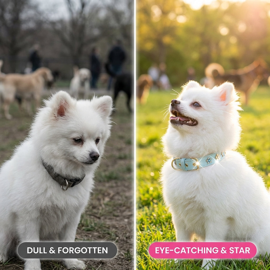 PU Leather Rhinestone Dog Collar - Soft Padded Pink Bling Dog Collar with Diamond Crystals & Metal Flowers for Female Dogs & Cats - Comfortable and Stylish for Walking & Running - M