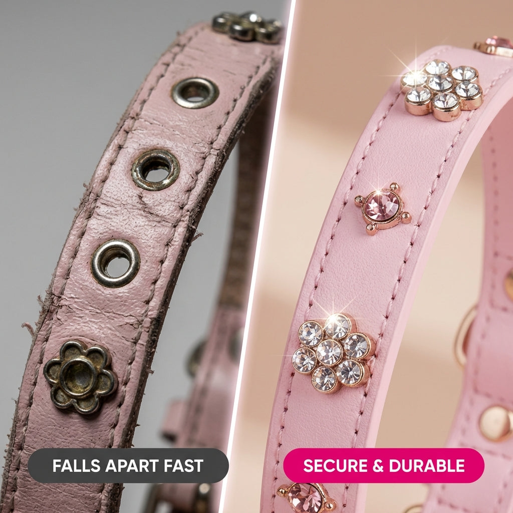 PU Leather Rhinestone Dog Collar - Soft Padded Pink Bling Dog Collar with Diamond Crystals & Metal Flowers for Female Dogs & Cats - Comfortable and Stylish for Walking & Running - M